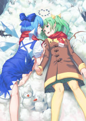 Rule 34 | 2girls, absurdres, bare legs, barefoot, blue bow, blue dress, blue eyes, blue hair, bow, brown coat, carrot, cirno, closed mouth, coat, daiyousei, dress, eye contact, fairy wings, green eyes, green hair, green skirt, hair bow, highres, ice, ice wings, long hair, looking at another, lying, miniskirt, multiple girls, on back, on ground, pantyhose, pebble, pleated skirt, puffy short sleeves, puffy sleeves, red scarf, scarf, short sleeves, side ponytail, skirt, smile, snow, snowman, touhou, wings, winter, winter clothes, winter coat, yal (lily910218), yellow legwear, yuri