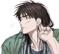Rule 34 | 1boy, absurdres, black eyes, black hair, chamuring, frown, green jacket, highres, itou kaiji, jacket, kaiji, long hair, looking to the side, male focus, portrait, scar, scar on hand, thick eyebrows, white background