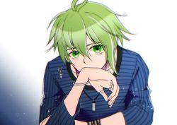 Rule 34 | 1boy, amami rantaro, blue shirt, bracelet, covering own mouth, danganronpa (series), danganronpa v3: killing harmony, earrings, gradient background, green eyes, green hair, grey background, hair between eyes, hand over own mouth, hand up, highres, jewelry, long sleeves, necklace, ring, satori (aosky9077), shirt, solo, striped clothes, striped shirt, upper body
