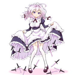 Rule 34 | 1girl, ahoge, apron, blue eyes, blush, braid, breasts, buttons, center frills, closed mouth, commentary request, frills, full body, futa (nabezoko), garter straps, hair ribbon, izayoi sakuya, knife, lifted by self, long sleeves, looking at viewer, maid, maid apron, maid headdress, medium breasts, medium hair, ribbon, shirt, sidelocks, simple background, smile, solo, standing, touhou, tress ribbon, twin braids, white background, white hair, white legwear, white shirt, wrist cuffs