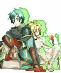 Rule 34 | 1boy, 1girl, aqua eyes, aqua hair, armor, back-to-back, belt, blush, boots, cape, closed eyes, couple, dress, elbow gloves, embarrassed, ephraim (fire emblem), fire emblem, fire emblem: the sacred stones, gloves, greaves, green hair, l&#039;arachel (fire emblem), nintendo, pants, ponytail, prince, princess, short hair, shy, sitting, smile, staff, thigh boots, thighhighs