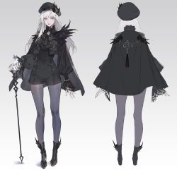 Rule 34 | 1girl, black capelet, black feathers, black footwear, black headwear, black ribbon, cane, capelet, closed mouth, earrings, feathers, frills, gem, gloves, gradient background, grey eyes, grey legwear, hat, hat feather, highres, holding, holding cane, jewelry, long hair, multiple views, neck ribbon, okku, original, pale skin, puffy sleeves, red lips, ribbon, sketch, white gloves, white hair