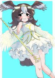Rule 34 | 1girl, absurdres, alternate costume, bare shoulders, bird girl, bird tail, bird wings, blush, brown eyes, brown hair, circlet, dress, frilled dress, frills, gloves, gold trim, head wings, highres, kemono friends, long hair, multicolored hair, sidelocks, solo, staff, striated caracara (kemono friends), tail, thigh strap, toro orororo, two-tone hair, white dress, white gloves, white hair, wings