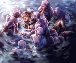 Rule 34 | 1girl, bad id, bad pixiv id, blonde hair, bodysuit, diving suit, hair over eyes, hattori masahiko, monster, open mouth, partially submerged, rachael foley, rape, resident evil, resident evil: revelations, restrained, water, wetsuit