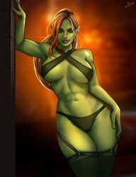 Rule 34 | 1girl, abs, artist name, colored skin, cozshedead, earrings, female orc, green skin, jewelry, lazgar (kitbashstudios), long hair, muscular, muscular female, orc, ponytail, red hair, thighhighs, tusks