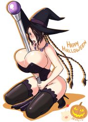 Rule 34 | 00s, 1girl, between breasts, black legwear, black nails, breasts, brown eyes, brown hair, bursting breasts, devil-v, dress, ear piercing, earrings, eyeshadow, final fantasy, final fantasy x, hair over one eye, halloween, hat, high heels, highres, huge breasts, jewelry, kneeling, lace, lace-trimmed legwear, lace trim, legs, lulu (ff10), makeup, matching hair/eyes, nail polish, necklace, piercing, saliva, saliva trail, solo, staff, thighs, tongue, tongue out, witch hat