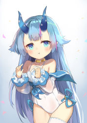 Rule 34 | 1girl, :t, aliter, azur lane, bare shoulders, blue eyes, blue hair, blue sailor collar, blush, breasts, casual one-piece swimsuit, closed mouth, commentary request, covered navel, detached sleeves, gradient background, grey background, hair flaps, highres, horns, i-13 (azur lane), leaning forward, long hair, long sleeves, multicolored hair, one-piece swimsuit, pout, puffy long sleeves, puffy sleeves, purple hair, ribbon-trimmed legwear, ribbon trim, sailor collar, see-through, see-through sleeves, short eyebrows, small breasts, solo, star (symbol), streaked hair, swimsuit, thick eyebrows, thighhighs, very long hair, white background, white one-piece swimsuit, white thighhighs
