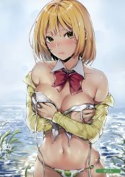 Rule 34 | 1girl, absurdres, bikini, blonde hair, breasts, brown eyes, cleavage, closed mouth, covering privates, covering breasts, food, fruit, highres, lips, melonbooks, scan, simple background, skindentation, solo, swimsuit, untied bikini, water, water drop, watermelon, yuran