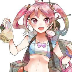 Rule 34 | 10s, 1girl, alternate costume, bad id, bad twitter id, bag, blush, bow, hair bobbles, hair ornament, handbag, itomugi-kun, kantai collection, long hair, looking at viewer, machinery, open mouth, pink eyes, pink hair, rabbit, sazanami (kancolle), scrunchie, simple background, smile, solo, swimsuit, twintails, wrist scrunchie