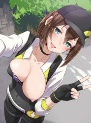 Rule 34 | 10s, 1girl, aqua eyes, bad id, bad pixiv id, baseball cap, blue eyes, blush, breast slip, breasts, breasts out, brown hair, creatures (company), female protagonist (pokemon go), fingerless gloves, game freak, gloves, hat, heart, heart-shaped pupils, highres, kawaty, large breasts, long hair, looking at viewer, nintendo, nipple slip, nipples, one breast out, open mouth, pokemon, pokemon go, ponytail, reaching, reaching towards viewer, selfie, smile, solo, standing, symbol-shaped pupils, v