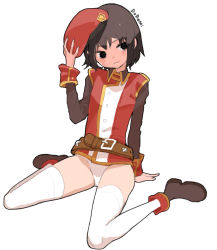 Rule 34 | 1girl, belt, beret, black eyes, brown footwear, brown hair, closed mouth, doremi (doremi4704), fingernails, full body, hand up, hat, holding, holding clothes, holding hat, ispin charles, long sleeves, panties, red hat, red vest, shoes, short hair, signature, simple background, sitting, solo, tales weaver, thighhighs, underwear, unworn hat, unworn headwear, vest, wariza, white background, white panties, white thighhighs