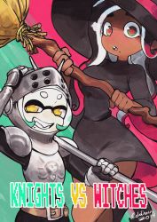 Rule 34 | + +, 2girls, :o, armor, armored gloves, belt, black hair, breasts, broom, cephalopod eyes, colo (nagrolaz), dark-skinned female, dark skin, dated, domino mask, dress, english text, eyebrows, film grain, green eyes, hat, helmet, highres, inkling, inkling player character, knight, long hair, looking at viewer, marina (splatoon), mask, mole, mole under mouth, multiple girls, nintendo, octoling, octoling player character, pauldrons, pearl (splatoon), shoulder armor, smile, splatoon (series), splatoon 2, symbol-shaped pupils, tentacle hair, weapon, white hair, wide hips, witch, witch hat, yellow eyes