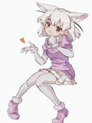 Rule 34 | 1girl, animal ears, blush, bow, bowtie, elbow gloves, extra ears, fennec (kemono friends), finger to mouth, fox ears, fox girl, fox tail, fur trim, gloves, hair between eyes, heart, highres, houkokukokui, kemono friends, loafers, orange eyes, pink footwear, pink sweater, pleated skirt, puffy short sleeves, puffy sleeves, shoes, short hair, short sleeves, sidelocks, skirt, smile, solo, sweater, tail, thighhighs, white bow, white bowtie, white gloves, white hair, white thighhighs, yellow skirt, zettai ryouiki