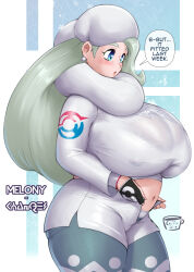 Rule 34 | 1girl, blue eyes, blush, breasts, coffeeslice, covered erect nipples, creatures (company), earrings, female focus, fingerless gloves, fur hat, game freak, gloves, green hair, hat, highres, huge breasts, jewelry, long hair, mature female, melony (pokemon), midriff, navel, nintendo, plump, pokemon, pokemon swsh, pregnant, solo, speech bubble, thick thighs, thighs, ushanka