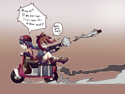 Rule 34 | 2girls, colorized, english text, engrish text, goggles, highres, motor vehicle, multiple girls, murasin, original, ranguage, rocket launcher, scooter, vehicle, weapon
