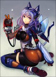 Rule 34 | 1girl, ass, bad id, bad pixiv id, breasts, chikokuma, covered erect nipples, gloves, large breasts, legs, mecha musume, mechanical wings, original, purple eyes, purple hair, sitting, solo, tail, thighhighs, thighs, v, wariza, wings