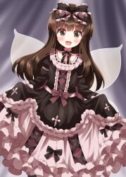 Rule 34 | 1girl, :d, alternate costume, black bow, black choker, black dress, blush, bow, bow choker, brown bow, brown eyes, brown hair, choker, cowboy shot, dress, dress bow, eyes visible through hair, frilled bow, frilled choker, frilled dress, frills, gothic lolita, grey wings, hair bow, highres, lolita fashion, long dress, long hair, long sleeves, looking at viewer, open mouth, petticoat, ribbon-trimmed dress, ruu (tksymkw), skirt hold, smile, solo, standing, star sapphire, touhou, wings