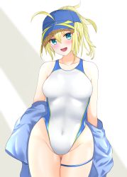 Rule 34 | 1girl, absurdres, ahoge, artoria pendragon (fate), bare shoulders, baseball cap, blonde hair, blue eyes, blue hat, blue jacket, blue one-piece swimsuit, blush, breasts, collarbone, competition swimsuit, covered navel, fate/grand order, fate (series), hair between eyes, hair through headwear, hat, hibika, highleg, highleg swimsuit, highres, jacket, long hair, looking at viewer, medium breasts, mysterious heroine x (fate), mysterious heroine xx (fate), off shoulder, one-piece swimsuit, open clothes, open jacket, open mouth, ponytail, smile, solo, swimsuit, thigh strap, two-tone swimsuit, white one-piece swimsuit