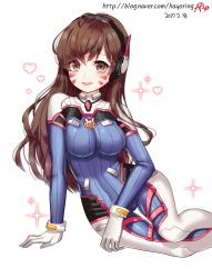 Rule 34 | 1girl, 2017, animal print, arm support, armor, artist name, bad anatomy, bad id, bad pixiv id, blue bodysuit, bodysuit, bracer, breasts, brown eyes, brown hair, buck teeth, covered navel, d.va (overwatch), dated, eyebrows, facepaint, facial mark, gloves, headphones, heart, high collar, highres, knee pads, long hair, looking at viewer, medium breasts, open mouth, overwatch, overwatch 1, pauldrons, pilot suit, ribbed bodysuit, shiro albino, shoulder armor, shoulder pads, signature, simple background, sitting, skin tight, smile, solo, sparkle, teeth, thigh gap, thigh strap, turtleneck, watermark, web address, whisker markings, white background, white gloves, yokozuwari