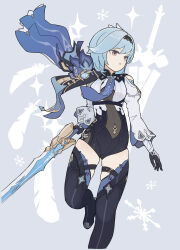 Rule 34 | 1girl, absurdres, black gloves, blue hair, boots, cloak, eula (genshin impact), genshin impact, gloves, hairband, highres, holding, holding weapon, looking to the side, necktie, open mouth, origami gyokuo, short hair, solo, standing, standing on one leg, sword, thigh boots, weapon