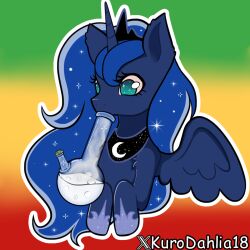 Rule 34 | blue hair, green eyes, kurodahlia18, luna (my little pony), moon (ornament), my little pony, pony (animal), princess luna, smoke, smoking, smoking pipe, unicorn, wings