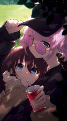 Rule 34 | 2girls, adjusting clothes, adjusting headwear, baseball cap, black hat, black sweater, blue eyes, blush, brown hair, brown jacket, chinese commentary, commentary request, couple, cup, day, disposable cup, drinking straw, earrings, girls band cry, grass, grey eyes, hair between eyes, hat, highres, hina (girls band cry), holding, holding cup, iseri nina, jacket, jewelry, long sleeves, multiple girls, outdoors, pink-tinted eyewear, pink hair, short twintails, sidelocks, sunglasses, sweater, tinted eyewear, twintails, yun cao bing, yuri