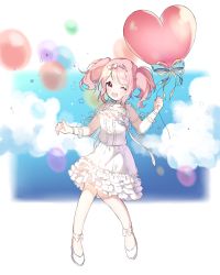 Rule 34 | 1girl, 417 (ionxx417), ;d, ankle bow, ankle ribbon, ankle strap, bad id, bad pixiv id, balloon, bang dream!, blue ribbon, blurry, blurry background, blush, bow, bracelet, choker, dress, frilled dress, frills, full body, hair bow, hairband, heart balloon, holding, holding balloon, jewelry, leg ribbon, long sleeves, looking at viewer, maruyama aya, one eye closed, open mouth, pink eyes, pink hair, ribbon, see-through, see-through sleeves, sidelocks, smile, solo, twintails, white choker, white dress, white footwear