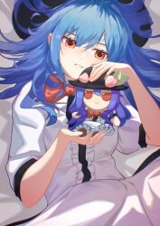Rule 34 | 1girl, black headwear, blue hair, bow, bowtie, center frills, commentary, doll, food, frilled skirt, frills, fruit, fumo (doll), hair between eyes, highres, hinanawi tenshi, holding, holding doll, jitome, leaf, long hair, lying, on back, oraico233, parted lips, peach, red bow, red bowtie, red eyes, short sleeves, skirt, smile, solo, touhou, upper body