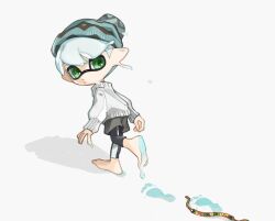 Rule 34 | 1boy, barefoot, beanie, blue hair, closed mouth, commentary request, footprints, green eyes, hat, inkling, inkling boy, inkling player character, nintendo, pointy ears, short hair, solo, spl8ya, splatoon (series), tentacle hair, walking, white background