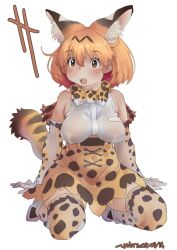 Rule 34 | 1girl, animal ears, black hair, blonde hair, blush, bow, bowtie, breasts, elbow gloves, extra ears, fang, gloves, hanging breasts, highres, kemono friends, kneeling, large breasts, nyororiso (muyaa), open mouth, print bow, print bowtie, serval (kemono friends), serval print, shirt, short hair, skirt, sleeveless, sleeveless shirt, smile, tail, thighhighs