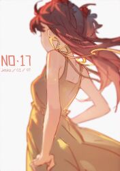 Rule 34 | 1girl, back, breasts, brown hair, dress, floating hair, hand on own hip, highres, interface headset, long hair, medium breasts, neon genesis evangelion, simple background, solo, souryuu asuka langley, standing, sundress, tss-mire, yellow dress