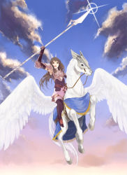 Rule 34 | 1girl, animal, arm up, armor, armpits, belt, black eyes, boots, breastplate, brown hair, cloud, detached sleeves, feather hair ornament, feathers, fire emblem, fire emblem awakening, flying, frown, garter straps, gauntlets, hair ornament, horse, horseback riding, lance, long hair, nintendo, open mouth, pauldrons, pegasus, polearm, red thighhighs, riding, sawa (textic), serious, shoulder armor, sky, solo, sumia (fire emblem), thigh boots, thighhighs, weapon, wings