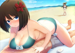 Rule 34 | 1boy, 2girls, barefoot, beach, bikini, blue eyes, blue sky, breast rest, breasts, brown hair, choukai (kancolle), cleavage, cloud, collarbone, commentary request, day, flower, girl on top, green bikini, grey male swimwear, grey swim trunks, hair flower, hair ornament, halterneck, hhh (wave), hibiscus hair ornament, kantai collection, large breasts, looking at viewer, lotion, lying, male swimwear, maya (kancolle), multiple girls, on stomach, outdoors, short hair, sky, sunscreen, surprised, swim trunks, swimsuit, x hair ornament