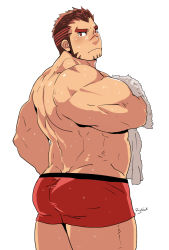 Rule 34 | 1boy, akashi (live a hero), ass, bara, boxers, butt crack, facial hair, from behind, gradient hair, large pectorals, live a hero, long sideburns, male focus, male underwear, multicolored hair, muscular, pectorals, red eyes, red hair, rybiok, short hair, sideburns, solo, thick eyebrows, thick thighs, thighs, towel, underwear, underwear only, wet, white background