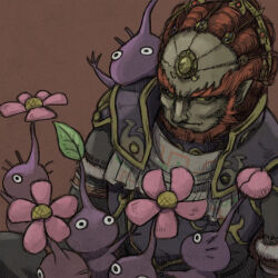 Rule 34 | 1boy, armor, beard, black eyes, breastplate, brown background, bud, closed mouth, colored skin, commentary request, creature, creature on shoulder, crown, expressionless, facial hair, flower, forehead jewel, ganondorf, gold trim, grey skin, grey sleeves, leaf, long sleeves, looking at creature, naru (wish field), nintendo, no mouth, on shoulder, outstretched arm, pikmin (creature), pikmin (series), pink flower, pointy ears, purple armor, purple hair, purple pikmin, purple skin, red hair, short hair, shoulder pads, super smash bros., the legend of zelda, upper body, very short hair, yellow eyes