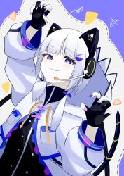 Rule 34 | 1girl, :3, animal ear headphones, animal ears, arm up, black gloves, black shirt, blue nails, blunt bangs, cat ear headphones, cevio, claw pose, commentary request, fake animal ears, gloves, hair ornament, hairclip, hand up, headphones, headset, heart, heart-shaped pupils, highres, hood, hooded jacket, jacket, kafu (cevio), kamitsubaki studio, long hair, long sleeves, looking at viewer, microphone, multicolored nails, partially fingerless gloves, puffy long sleeves, puffy sleeves, purple background, purple eyes, purple nails, shirt, solo, symbol-shaped pupils, westa bom, white background, white hair, white jacket