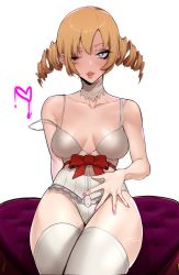 Rule 34 | 1girl, bad id, bad pixiv id, blonde hair, blue eyes, bow, breasts, catherine, catherine (game), choker, collarbone, drill hair, heart, heart-shaped pupils, j.k., lace, lace choker, large breasts, leotard, one eye closed, sitting, solo, symbol-shaped pupils, thighhighs, twin drills, waist bow, white leotard, white thighhighs
