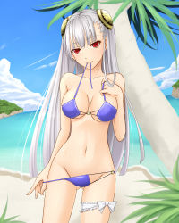 Rule 34 | 1girl, akitsuki karasu, beach, bikini, bikini in mouth, bikini pull, bow, breasts, bun cover, capcom, capcom fighting jam, cleavage, clothes in mouth, clothes pull, day, double bun, front-tie top, groin, hair bun, hairpods, ingrid (capcom), large breasts, long hair, mouth hold, navel, ocean, palm tree, pulling own clothes, purple bikini, red eyes, silver hair, solo, standing, swimsuit, thigh strap, tree