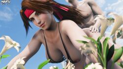 Rule 34 | 1boy, 1girl, 3d, bare shoulders, breasts, brown hair, cloud strife, doggystyle, final fantasy, final fantasy vii, final fantasy vii remake, headband, highres, jessie rasberry, naifu, nipples, outdoors, red headband, sex, sex from behind, tagme
