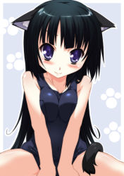 Rule 34 | 1girl, animal ears, black hair, blue eyes, blush, breasts squeezed together, breasts, cat ears, cat tail, long hair, one-piece swimsuit, original, purple eyes, school swimsuit, smile, solo, swimsuit, tail, tail wrap, yamano sachi