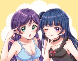 Rule 34 | 2girls, :o, ;), bikini, black choker, blue bikini, blue hair, breasts, choker, cleavage, collarbone, doily, eneco, front-tie bikini top, front-tie top, green eyes, hair bun, hair ornament, hair scrunchie, hand on own chin, in-franchise crossover, long hair, looking at viewer, love live!, love live! school idol festival, love live! school idol project, love live! sunshine!!, low twintails, medium breasts, multiple girls, one eye closed, pink scrunchie, purple eyes, purple hair, scrunchie, side bun, single side bun, smile, swimsuit, tojo nozomi, tsushima yoshiko, twintails, upper body, v-shaped eyebrows, v over eye, v over mouth, yellow background