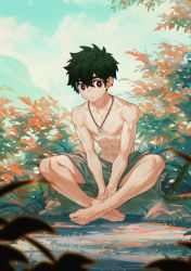 Rule 34 | 1boy, arsh (thestarwish), barefoot, black hair, day, indian style, jewelry, kemono jihen, kusaka kabane, male focus, muscular, muscular male, necklace, outdoors, red eyes, topless male, short hair, sitting, solo