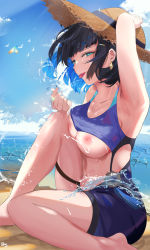 Rule 34 | 1girl, arm up, armpits, bare legs, barefoot, beach, bird, black hair, blue hair, breasts, bug, butterfly, cleavage, cloud, collarbone, earrings, eriasii, feet, feet out of frame, genshin impact, green eyes, hand on headwear, hat, highres, insect, jewelry, large breasts, light rays, looking at viewer, midriff, multicolored hair, navel, nipples, ocean, sand, short hair, sitting, sky, solo, splashing, stomach, straw hat, summer, sunbeam, sunlight, swimsuit, tongue, tongue out, water, yelan (genshin impact)