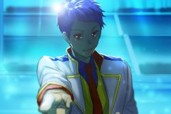 Rule 34 | 1boy, bad id, bad twitter id, blue hair, blurry, ichijou shin, idol, king of prism, king of prism by prettyrhythm, kono59417, looking at viewer, male focus, necktie, pointing, pointing at viewer, pretty rhythm, pretty series, red eyes, red necktie, smile, solo, upper body