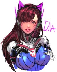Rule 34 | 1girl, animal ears, animal print, bodysuit, breasts, brown eyes, brown hair, cat ears, character name, d.va (overwatch), eyes visible through hair, facepaint, facial mark, fake animal ears, gloves, hair over one eye, hand on own chest, head tilt, headphones, high collar, lips, long hair, looking at viewer, medium breasts, overwatch, overwatch 1, parted lips, pilot suit, rabbit print, ribbed bodysuit, shoulder pads, simple background, sketch, skin tight, solo, swept bangs, unfinished, upper body, whisker markings, white background, white gloves, yy6242
