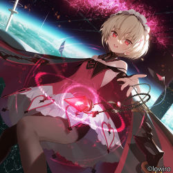 Rule 34 | 1girl, arcaea, artist name, aurora, bare shoulders, blonde hair, breasts, brown pantyhose, cloud, copyright name, detached collar, dress, earth (planet), frilled dress, frilled hairband, frills, gem, hair ornament, hairband, heart, highres, light particles, looking at viewer, official art, open mouth, outstretched hand, pantyhose, planet, red dress, red eyes, red gemstone, short hair, siino, small breasts, solo, space, tears, teeth, twitter username, watermark, x hair ornament