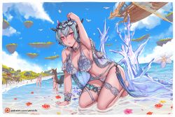 Rule 34 | 3girls, beach, bikini, bird, blue hair, blue sky, blush, breasts, cleavage, closed mouth, day, floating island, flower, granblue fantasy, grancypher (granblue fantasy), hair between eyes, hanada yanochi, ice, large breasts, looking at viewer, macula marius, multiple girls, outdoors, partially submerged, pink eyes, seagull, short hair, sky, societte (granblue fantasy), swimsuit, tiara, yuel (granblue fantasy)