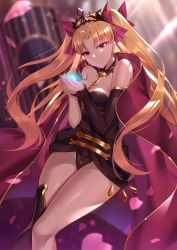 Rule 34 | absurdres, asymmetrical legwear, asymmetrical sleeves, between breasts, blonde hair, breasts, cape, cleavage, detached collar, earrings, ereshkigal (fate), fate/grand order, fate (series), gold trim, heiyan shenshi, highres, hoop earrings, jewelry, leotard, long hair, necklace, parted bangs, red cape, red eyes, skull, solo, spine, thighhighs, thighs, tiara, two side up, uneven legwear, uneven sleeves
