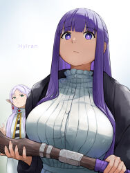 Rule 34 | 2girls, absurdres, alternate breast size, artist name, black robe, breasts, earrings, elf, fern (sousou no frieren), frieren, highres, holding, holding staff, hylran0427, jewelry, large breasts, long hair, looking at viewer, multiple girls, pointy ears, purple eyes, purple hair, robe, shirt, sousou no frieren, staff, standing, striped clothes, striped shirt, upper body, very long hair, white background, white hair, white shirt