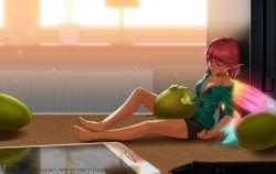 Rule 34 | 1girl, against wall, bare legs, barefoot, blush, breasts, closed eyes, commentary, erylia (mleth), fairy, fairy wings, feet, food, fruit, full body, grapes, highres, mini person, minigirl, miniskirt, mleth, off shoulder, original, pink hair, pointy ears, saliva, short hair, skirt, sleeping, sleeping upright, small breasts, solo, sweater, tank top, wings